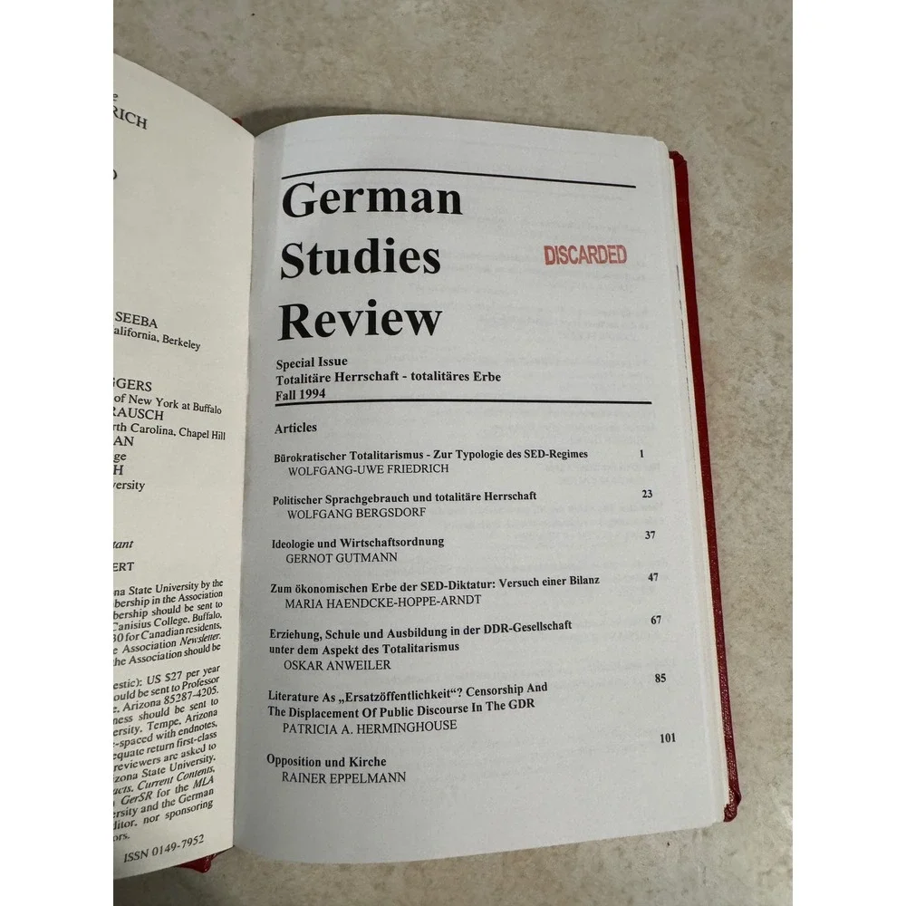 German Studies Review Special Issue 1994 Totalitare Herrschaft Hardcover Book